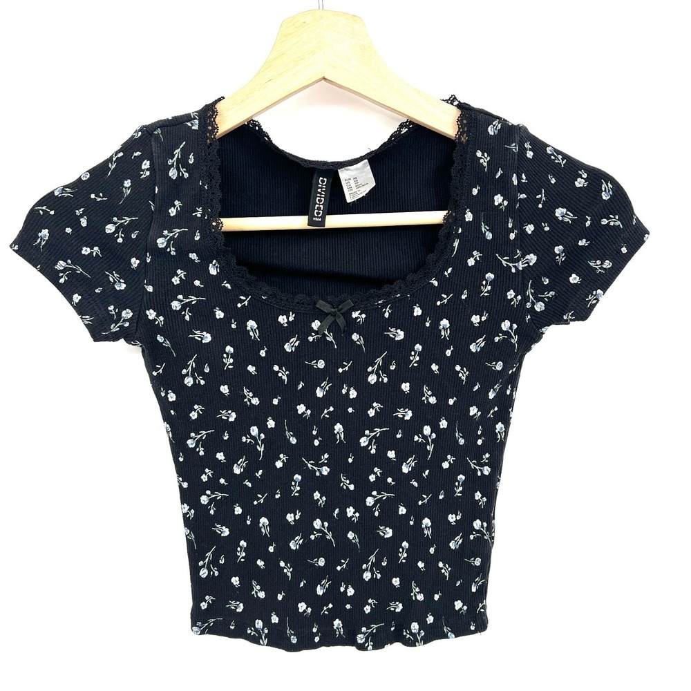 Divided dark romance ribbed baby tee shirt top lace trim coquette retro y2k XS